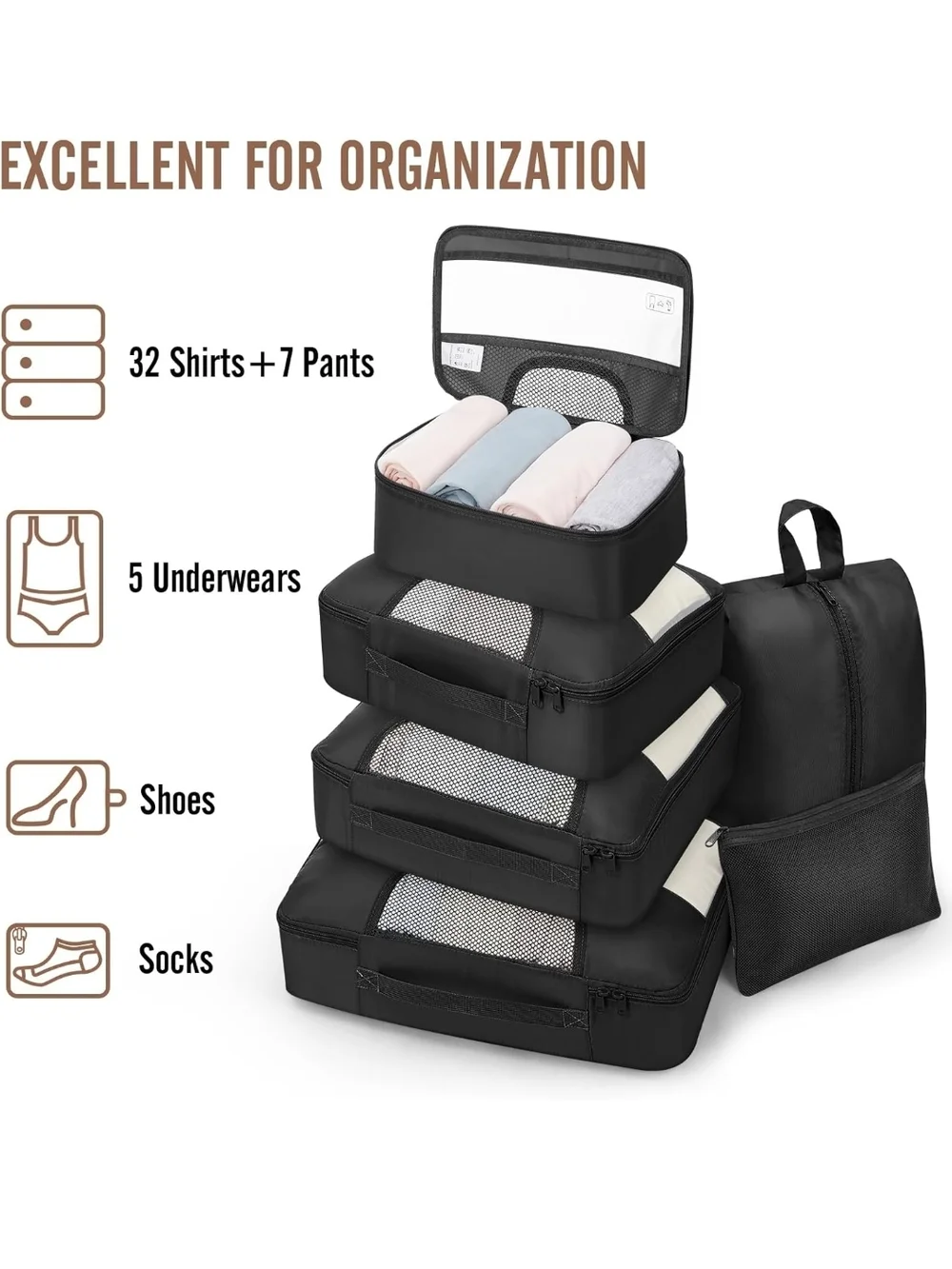 Travel Packing Cubes and Toiletry Bag Set - Black